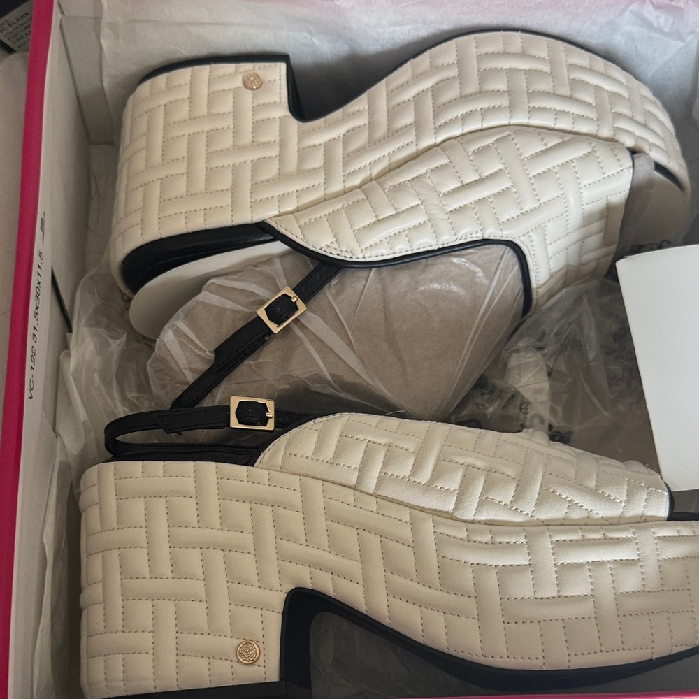Vince Camuto Cream Quilted Platform Slingback Heels with Black Trim